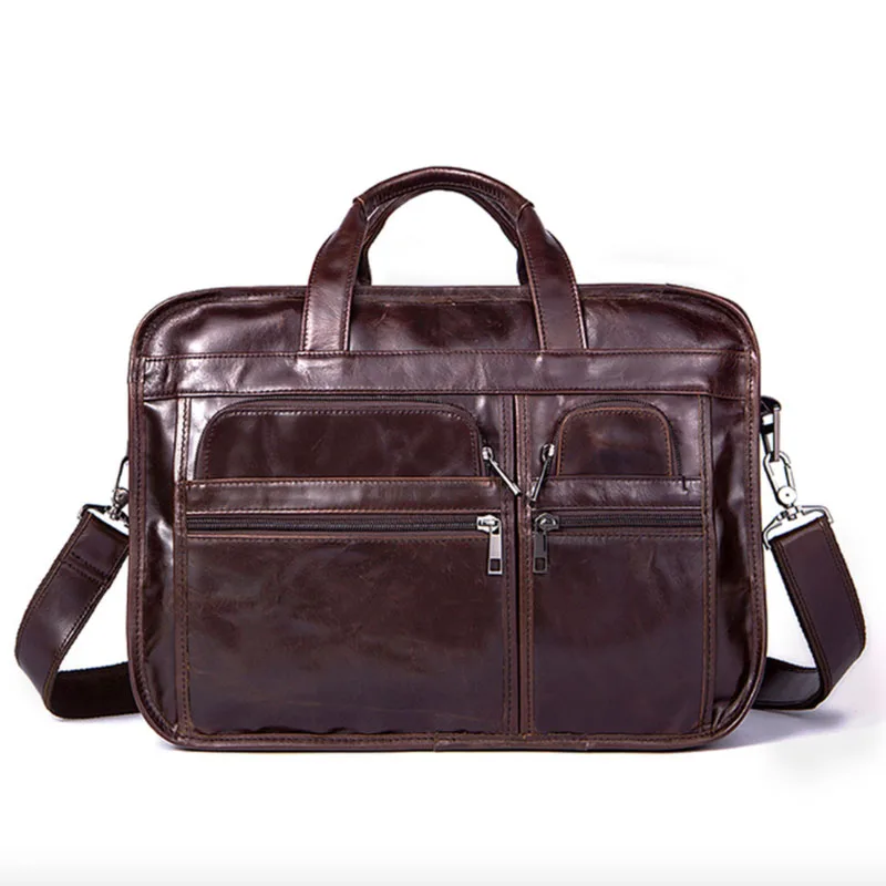

2018 High Quality Vintage 100% Genuine Leather Men Briefcase Messenger Bags Capacity Business Handbag Portfolio 15'' Laptop Bag