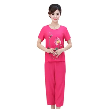 

Women Flower Printed Cotton Linen Loose Point Short-Sleeved Shirt Wide Leg Casual Two-Piece