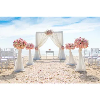 

Beach Wedding Party Backdrop for Photography Printed Pink Flowers Petals Covered Sandy Floor Arched Door Vinyl Photo Background