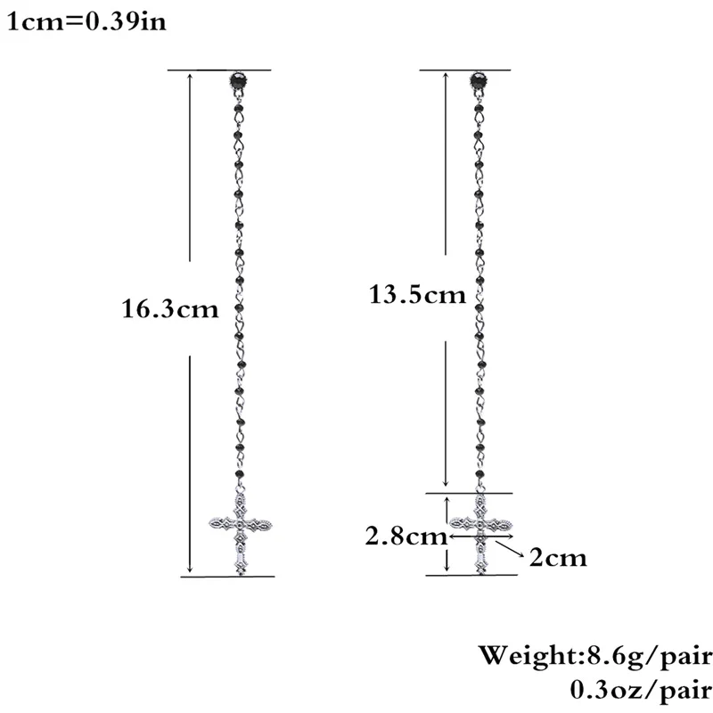 Винтажная Готическая Длинная цепочка с черными бусинами, серьги с большим крестом, Висячие большие массивные кресты, серьги с подвеской для женщин