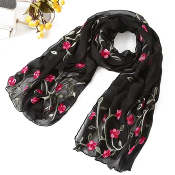 

2019 New Fashion Spring/Summer Women Flower Embroidery Silk Scarf Shawls Soft Female Wraps Beach Sunscreen Hijab