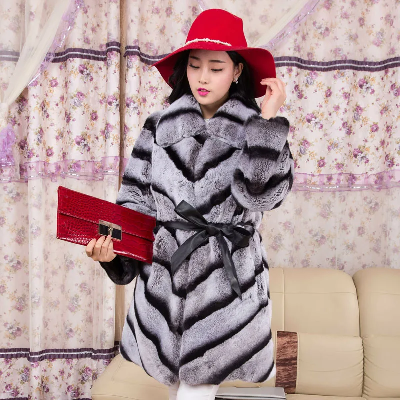 

Top Quality Real Natural Rex Rabbit Chinchilla Fur Coat Wonderful Striped Winter Warm Plus Size Thicken Outerwear Woman's Coat