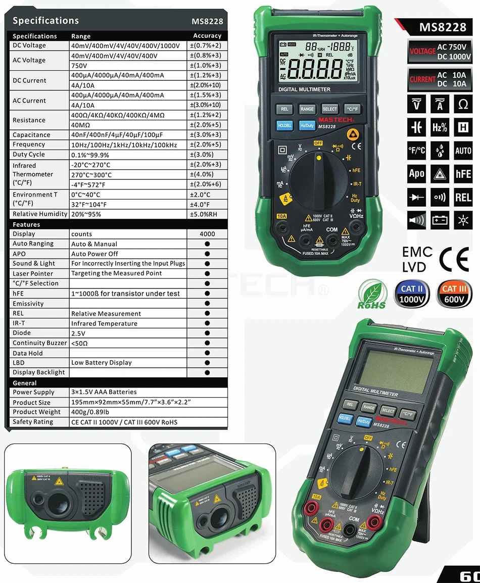 MASTECH MS8228 Авто радиус 4000 Графы Цифровой мультиметр многофункциональный