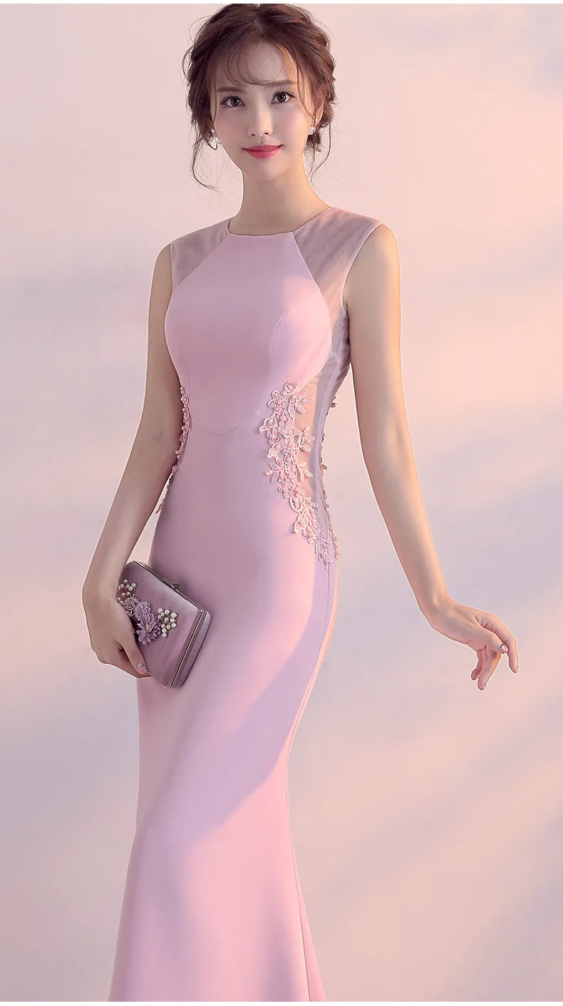 Solid Pink Cotton & Mesh Beaded Floral Appliques Mermaid Sexy Club Dresses 2018 New Arrival Party Dress Women Vestido Long Slim (12)