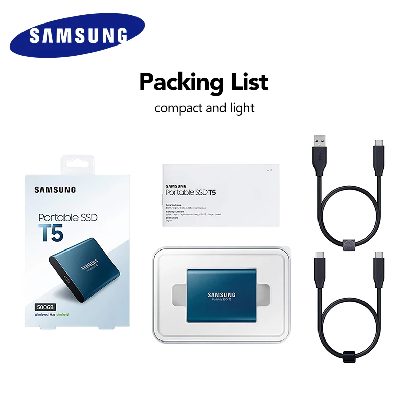 Samsung T5 портативный SSD 250 ГБ 500 1 ТБ 2 ТБ USB3.1 Внешние накопители USB 3,1 Gen2 и обратная совместимость с USB для ПК