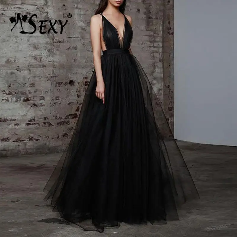 

Gosexy 2019 New Mesh Plunging Neckline Sexy Strappy Full Length Maxi Dress Party