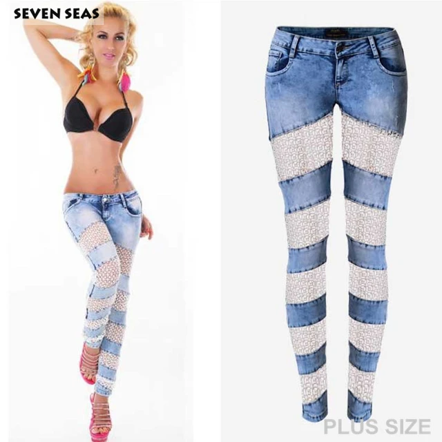 2016 New Fashion Ladies Spliced Lace Jeans Women Plus Size