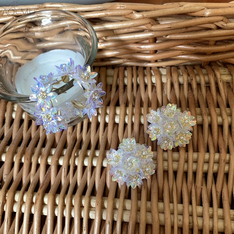 

AOMU Korea Fashion Colorful Resin Plastic Geometric Sequins Flowers Pearl Stud Earrings for Women Girl Holiday Jewelry