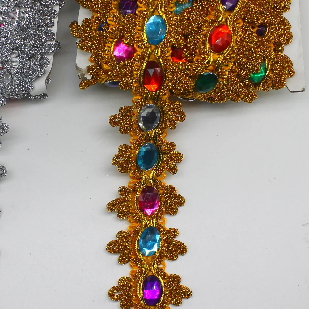 

YACKALASI Crystal Lace Diamond Appliqued Lace Braided Rhinestone Ribbon 3D Gold Flower Sewing Apparel Trim Handmade 4.5cm Wide