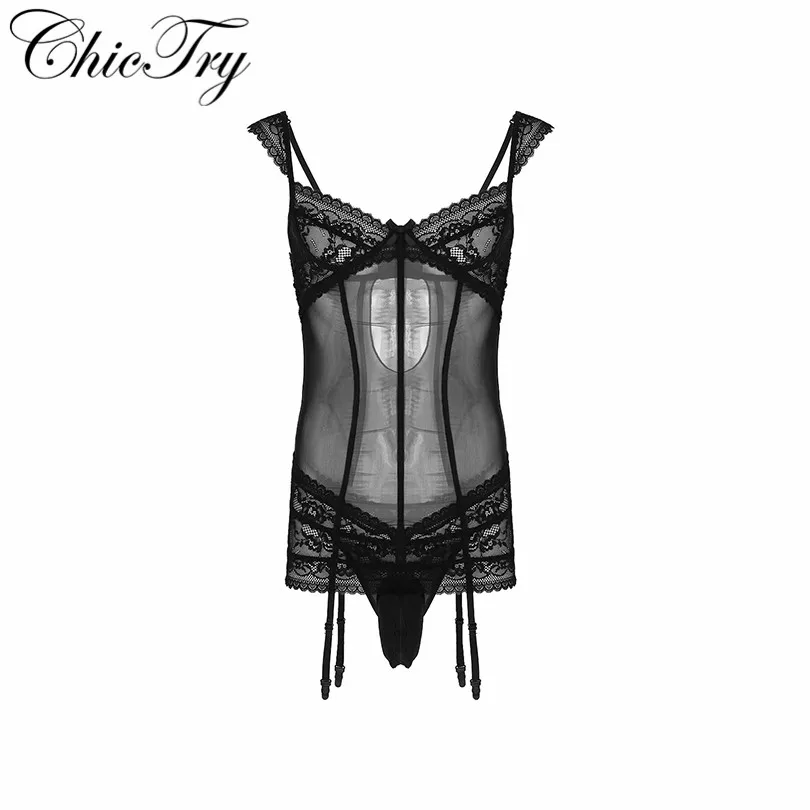 

Sexy Mens Crossdress Lingerie G-string Thong Underwear Floral Lace Sissy Garters Mini Dress Sexy Nightwear Bodysuit Panties