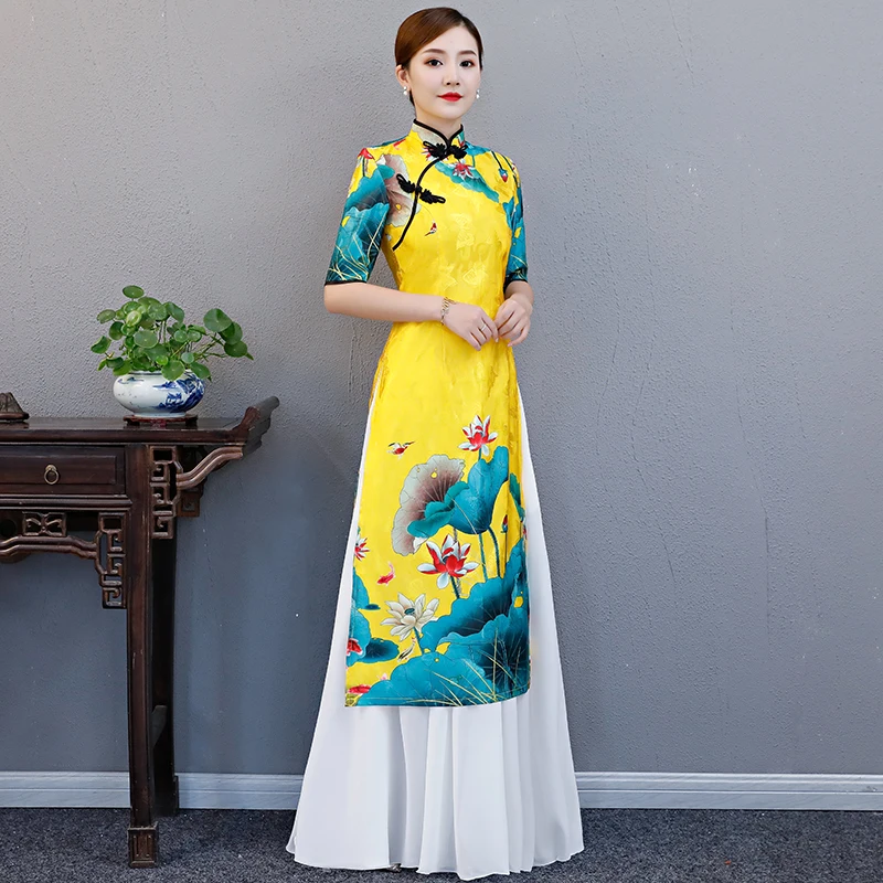 AO Dai Long Cheongsam Traditional China Style Party Qipao Robe Oriental Womens Elegant Evening Dress Vestido Plus Size S-5XL chinese dress