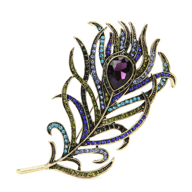 

Vintage Peacock Feather Gold Multi-color Rhinestone Brooch Pins Jewelry x4