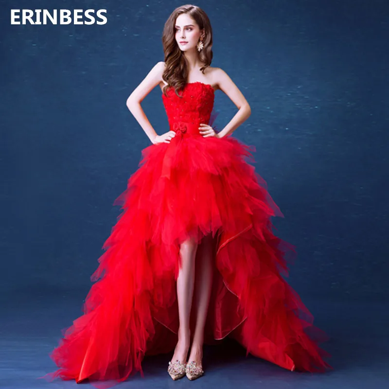 High Low Strapless Red Tulle Long Prom Dresses with Train, Red