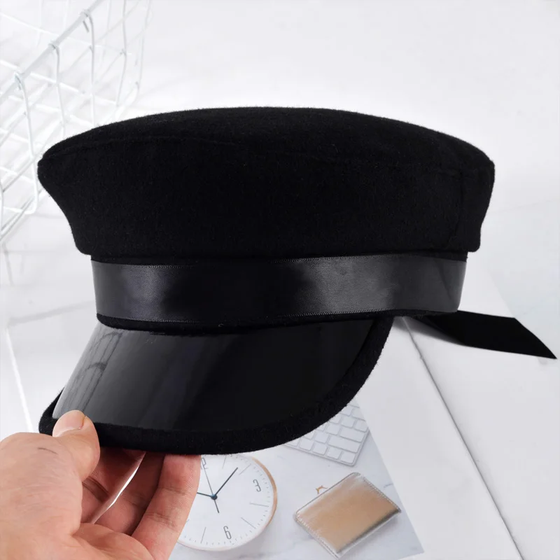

PU Leather Military Hat spring cotton Sailor Hat For Women Men Black Grey flat top Beret Newsboy Cap Captain Cap