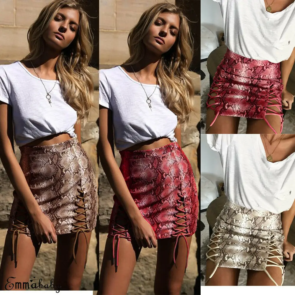 

2019 Summer Women New Slim Bandage High Waist Snake Print Mini Short Skirt