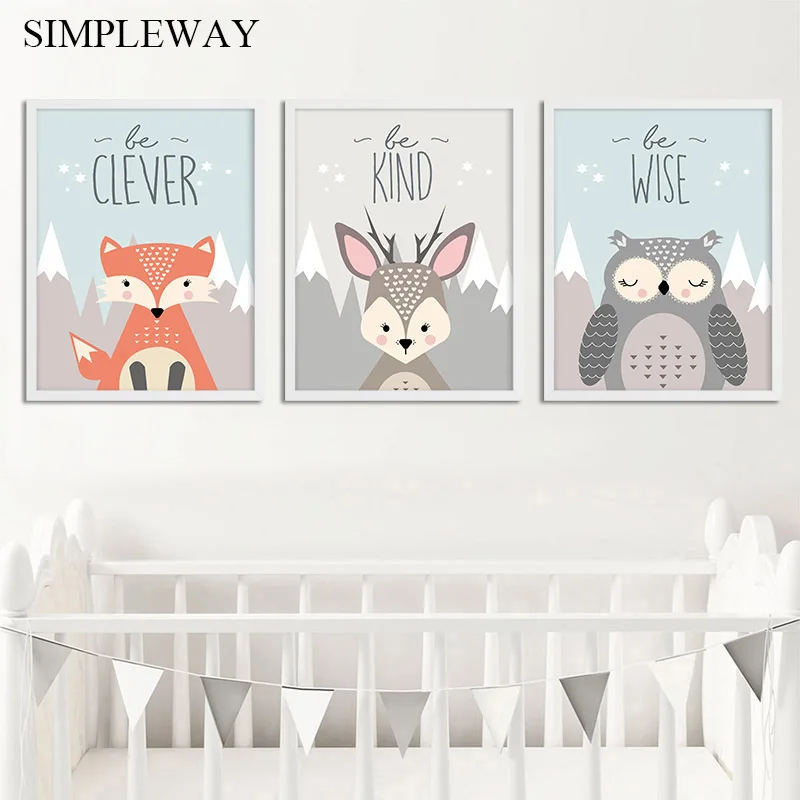 Woodland Animal Baby Fox Deer Canvas Poster Nursery Wall Art Print for Kids Room 