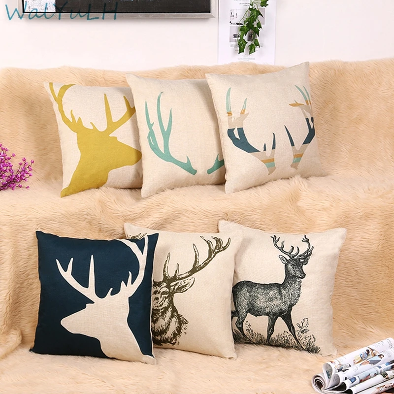 

WalYuLH Artistic Style Deer Printed Geometric Linen Cushion Cover For Sofa Seat Bedroom Decorative Pillow Case High Quality