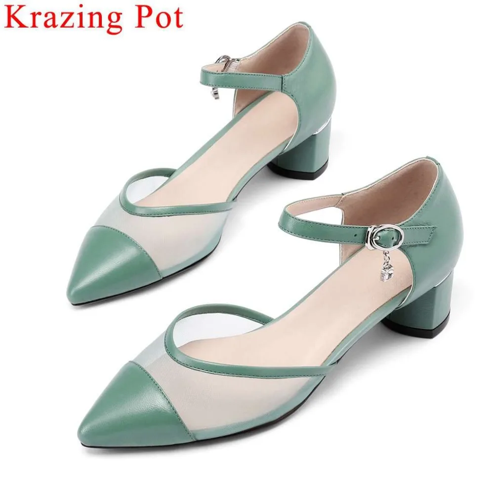 

Krazing Pot buckle strap cow leather pointed toe hollow women pumps med heels plus size dress gathering brand casual shoes L5f1