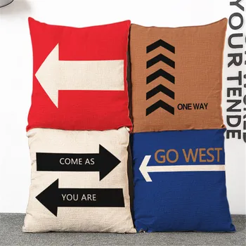 

45x45cm (17.7x17.7 Inch) Red Brown White Deep Blue Signpost Simple Design Linen Cotton Cushion Cover housse de Coussin No Fade