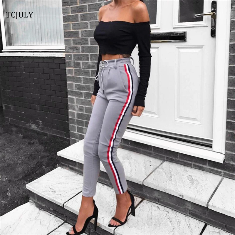 

TCJULY Fashion Elegant Woman Pants Trousers With Stripes Knitted Slim Black Pencil Pants Streetwear Casual Full Length Trousers