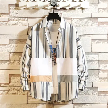 

men shirt streetwear shirt hawaiian shirt Casual Fashion Striped Printing Loose Long Sleeve Shirt Tops Blouse free shipping D4