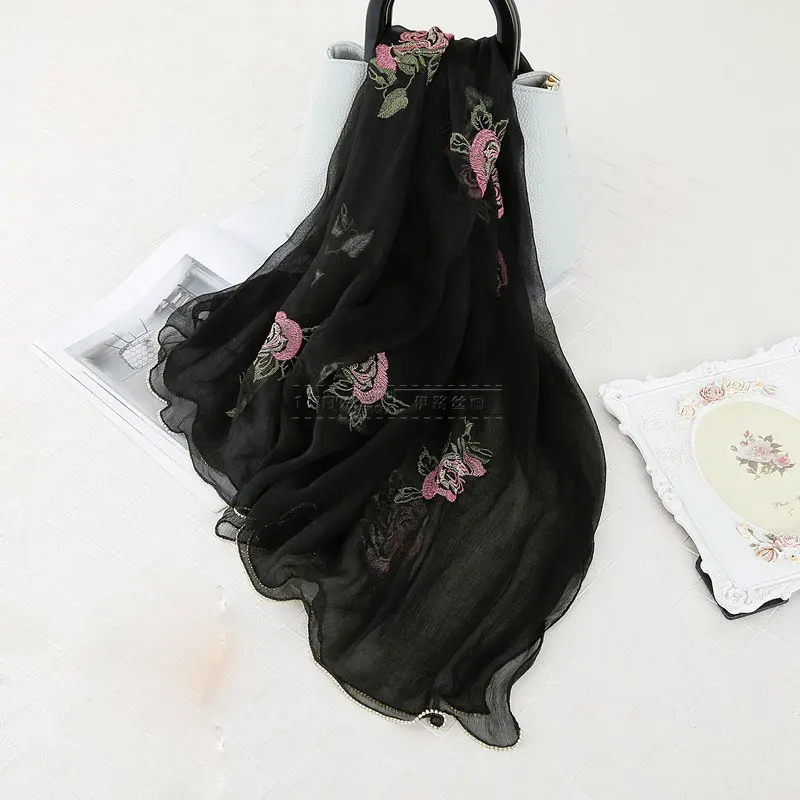 

Women Real Silk Scarves 100% Pure Silk Scarf Fashion Embroidery for 2019 Soft Lady Pashmina Shawls Bandana Foulard Hijabs