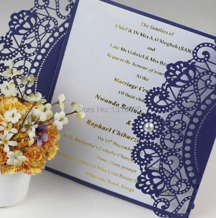 Handmade Luxurious Royal Blue Laser Cutting Wedding Invitation Card Handmade Luxurious Royal Blue Laser Cutting Wedding Invitation Card Party Invitations With Pearls Decoration In Festive Supplies From Home Garden