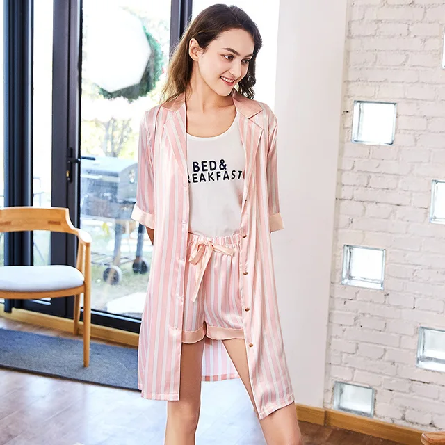 Cheap 3Pcs Set Spring Summer Casual Women Pink Striped Faux Silk Pajamas Short Pants Strape Gown Night Homewear Bride Robe