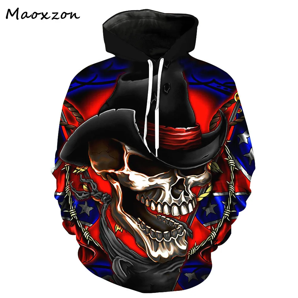 Maoxzon Mens Skulls Hoodies Sweatshirts For Boy's Digital Print Athleisure Long Sleeve Pocket Pullovers Hooded Sweatshirt Tops | Мужская