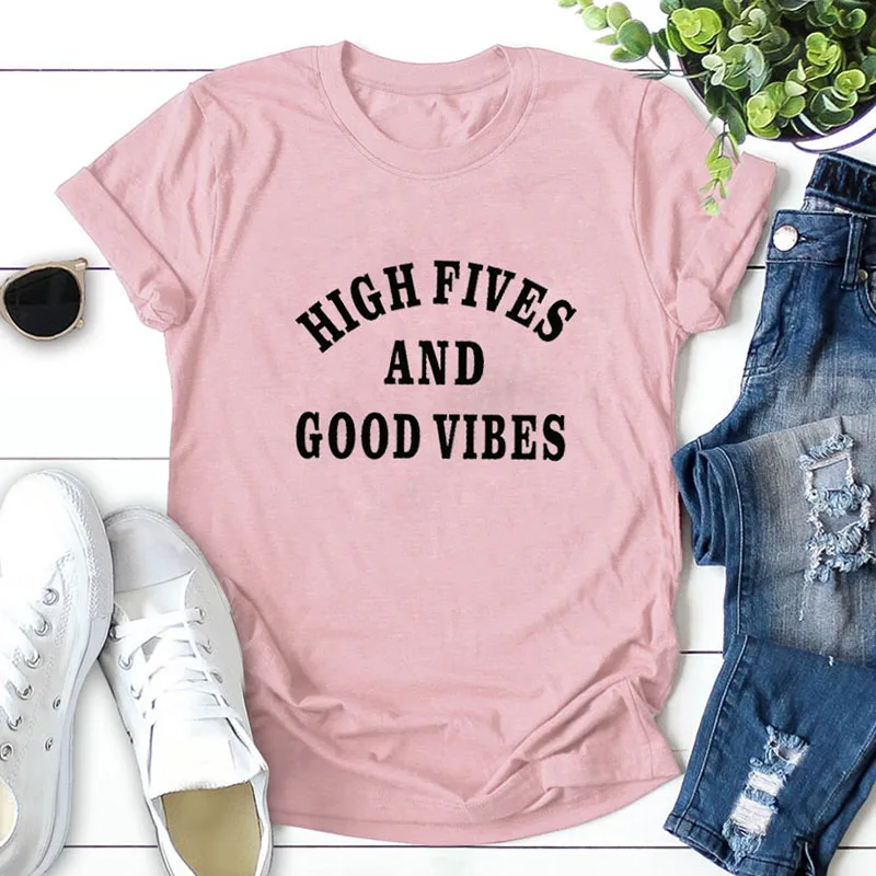 Футболки с надписью «High five and good vibes chirst faith Believe blessed», хлопок, футболки с круглым вырезом и коротким рукавом, милый забавный Топ, женская футболка - Цвет: Rose