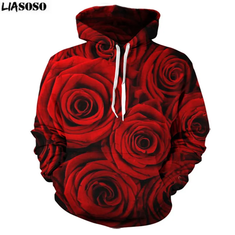 LIASOSO Men Women Couple Hoodies Sweatshirts Pullover Tracksuits Fashion 3D Print Red Roses Flower Casual Hoody Tops Clothing | Мужская