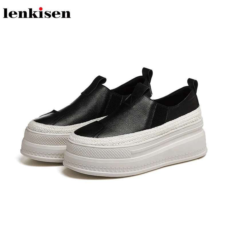 

Lenkisen leisure genuine leather beauty round toe high bottom flat platform loafers concise style autumn vulcanized shoes L86