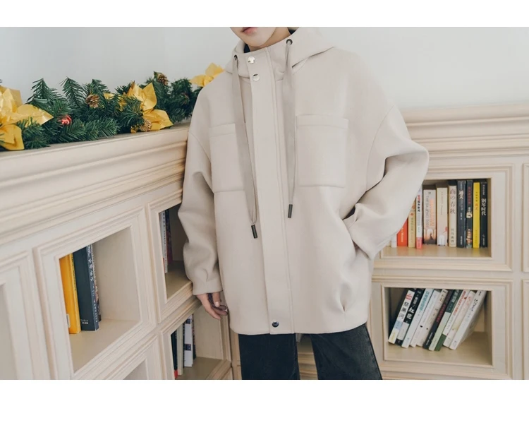 Зимняя новая шерстяная куртка мужская теплая Модная ретро с длинными рукавами с капюшоном пальто Мужская однотонная утолщенная верхняя