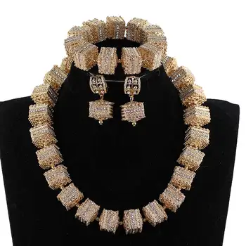 

Square African Beads Necklace Set Nigeria Wedding Jewelry Set for Women Fashion Gold/Silver Beads Necklace Free Shipping QW1174