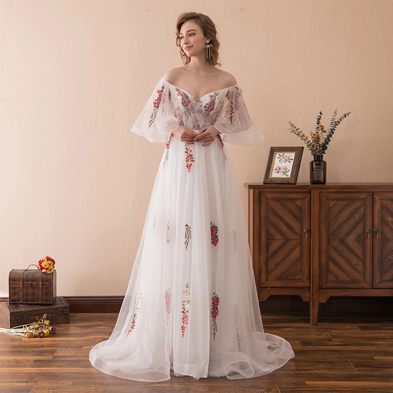 prom gowns Hot Sale Off The Shoulder Prom Dresses With The Patterns Appliques Pleats Tulle Special Occasions Vestidos De Gala Largos red prom dress