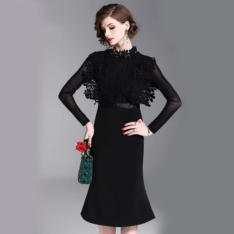 Youthreadyv 2018 Summer Dress Women Long Sleeve Black Solid Lace Midi Long Party Dress Elegant Casual Vintage Dresses Robe Femme Dresses