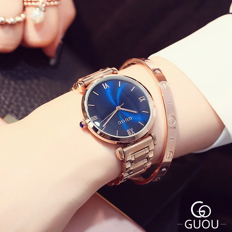 2016 Guou Brand Woman Quartz Watches Full Rose Gold Steel band Business Casual Japan Lady Clock