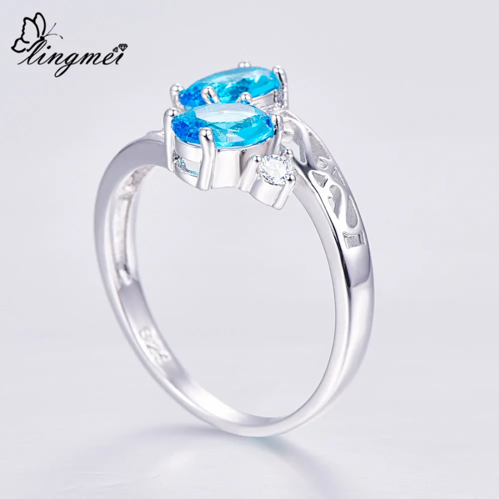 Lingmei Новое поступление Роскошные модные ювелирные изделия овальной огранки многоцветный& Белый& морской синий кубический циркон серебряное кольцо Размер 6 7 8 9 для женщин