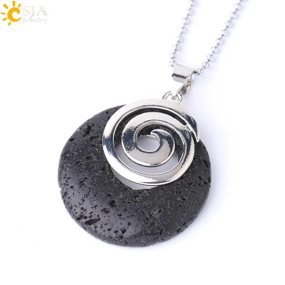 CSJA натуральный камень ожерелья и подвески полые круглые спирали белый кристалл черный Агаты Лава чакра рейки маятник для девочек F864 - Окраска металла: Black Lava