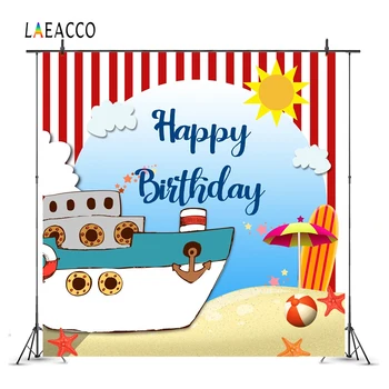

Laeacco Baby Party Cartoon Boat Beach Umbrella Balls Photography Backgrounds Customized Photographic Backdrops For Photo Studio