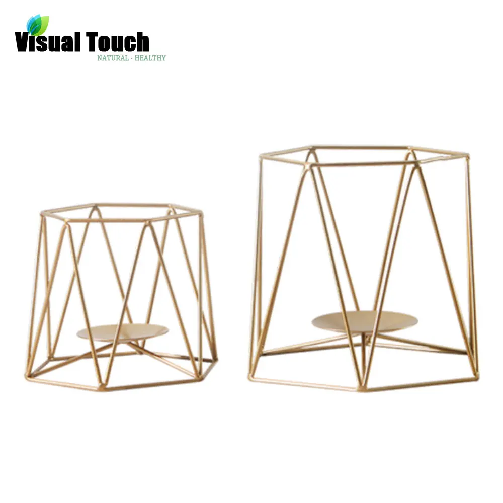 

Visual Touch Gold Metal Candle Holders Dinner Table Desk Props Furniture Romantic Candlestick Geometric lines Iron Art