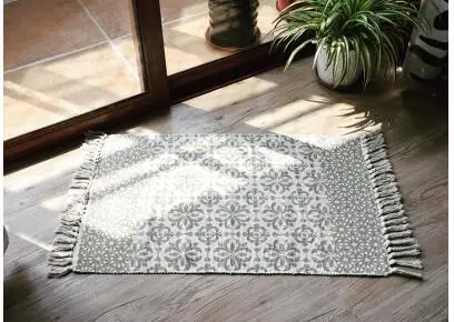 Тканый хлопковый коврик с геометрическим рисунком ручной работы, коврик для гостиной, тканевый прикроватный коврик татами, пылепоглощающий коврик для ног
