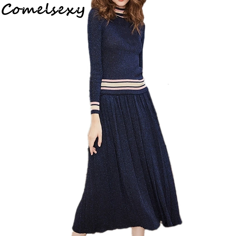 

2019 High Quality Spring 2 Piece Set Women Pullovers Striped Knitted Sweater+high Waist Elastic Pleated Long Skirts Runway Suits