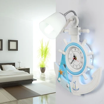 

Creative Mediterranean Sea Style Clock Frosted Glass Shade Wall Lamp for Children Room Bedroom Wall Lighting Bedside Wall Lights
