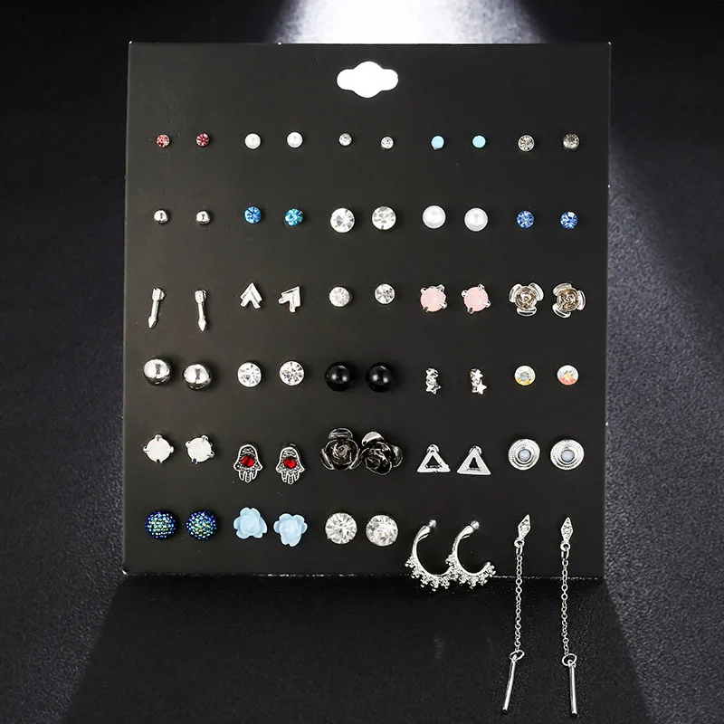 

30Pair/Set New Design Stud Earrings Sets Vintage Imitation Pearl Ball Rhinestone Women Girls Female Flower Earring Jewelry Gifts