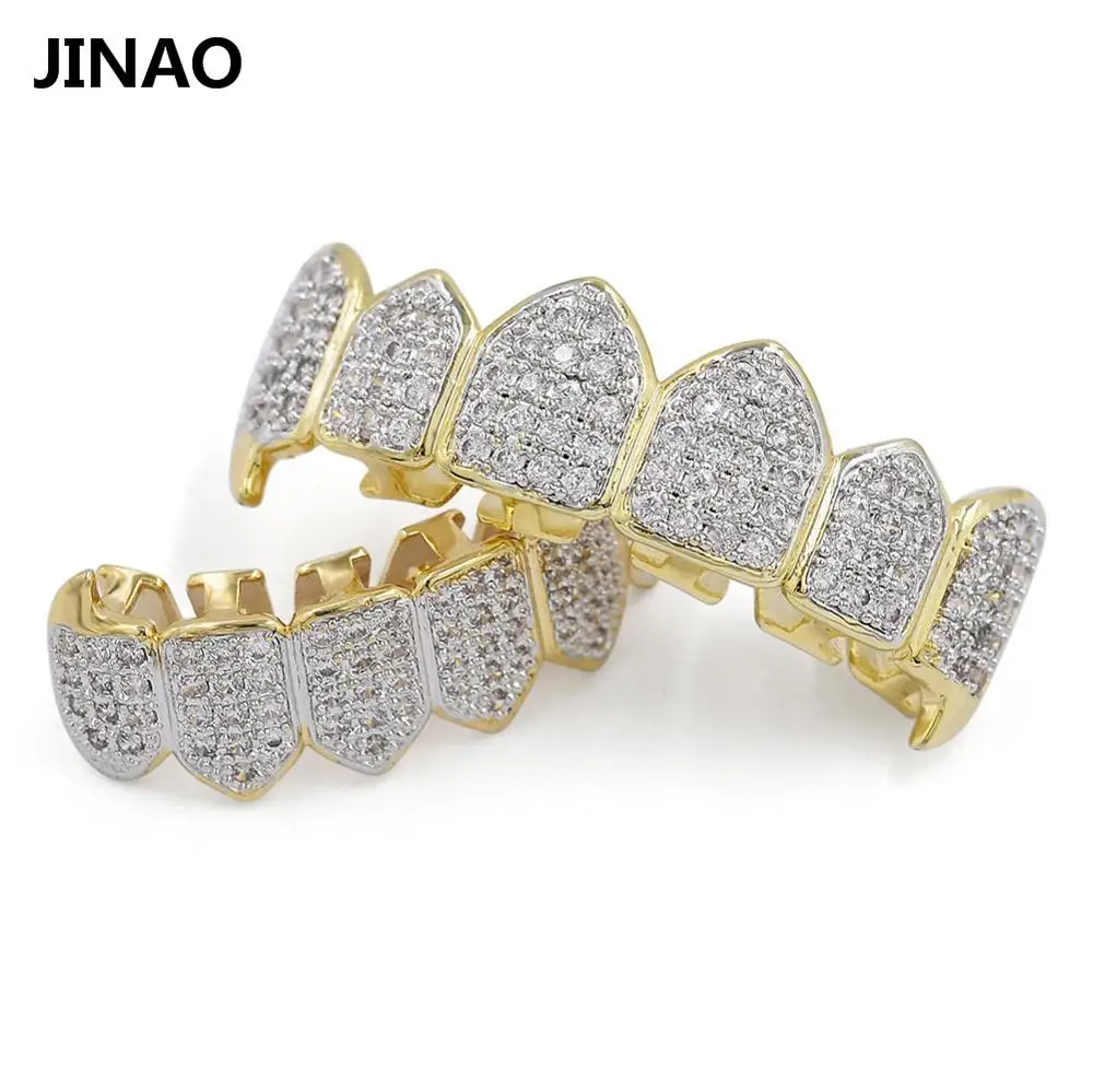 JINAO Чистый золотой цвет и посеребренный хип-хоп Grillz микро Pave CZ Золотой Клык верх и низ GRILLZ Рот Зубы грили вампирский набор - Окраска металла: Gold Set