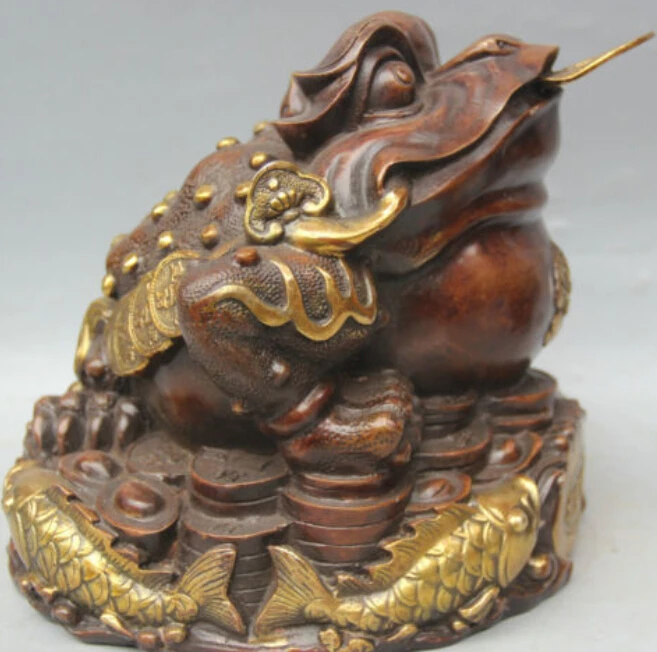 

R0717 Details about 8" Chinese Fengshui Bronze Gold Coin Fish Golden Toad Spittor Money Rich Statue B0403