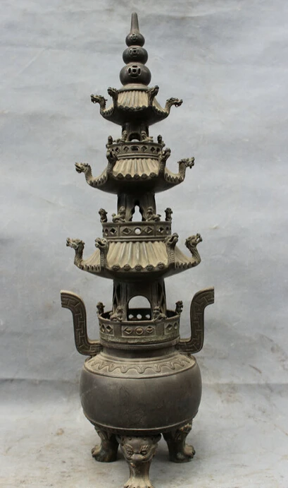 

song voge gem S2620 20" Tibet Pure Bronze Copper Lion Dragon Head Statue Stupa Incense Burner Censer