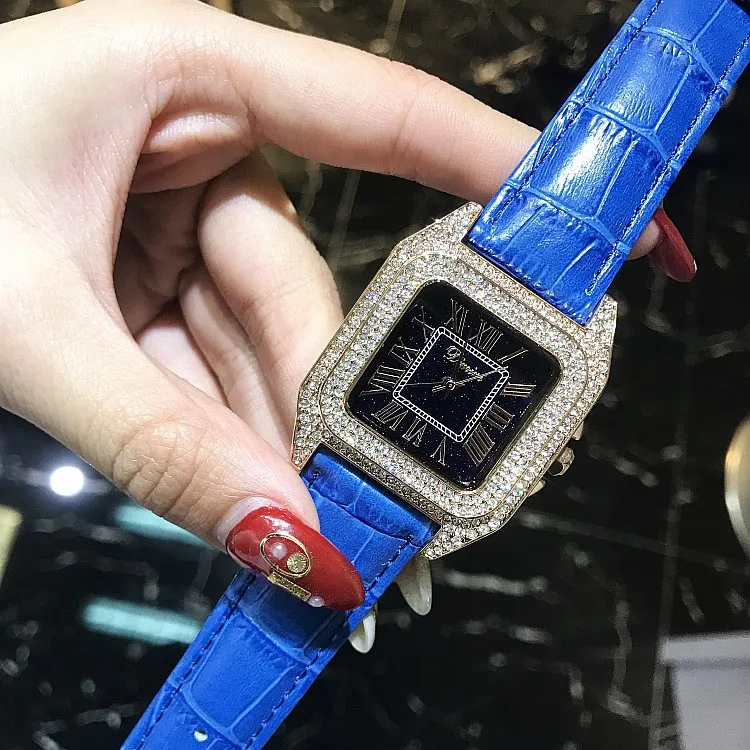 Топ Роскошные часы с квадратным браслетом и полностью бриллиантами, женские модные кварцевые часы с кожаным ремешком, стразы, новые элегантные женские часы - Цвет: gold case blue belt