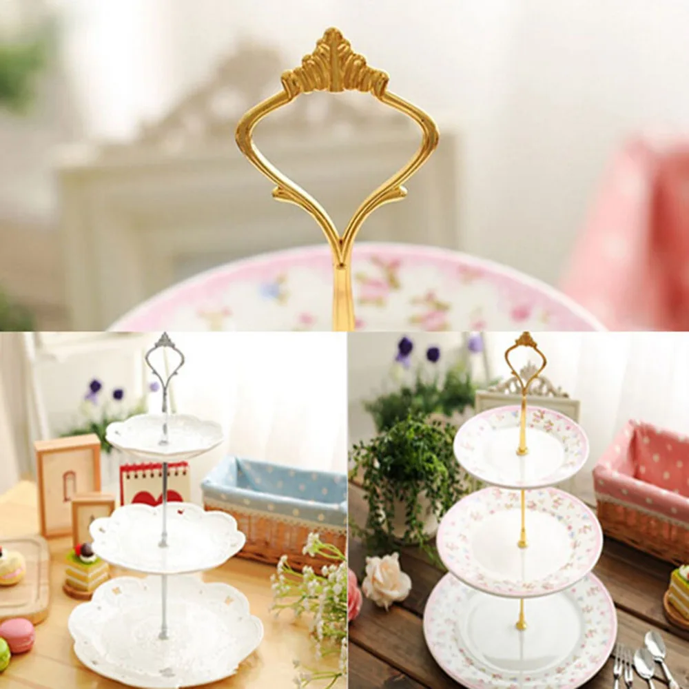 3 tier Cake Plate Stand Fitting HEAVY CROWN Handle White Silver Black Pink Red 